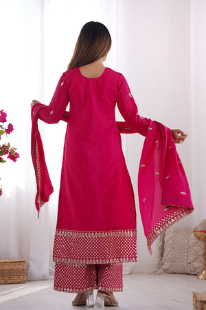 Pink  Sequin with Embroidered Chinon Straight Cut Suit Set