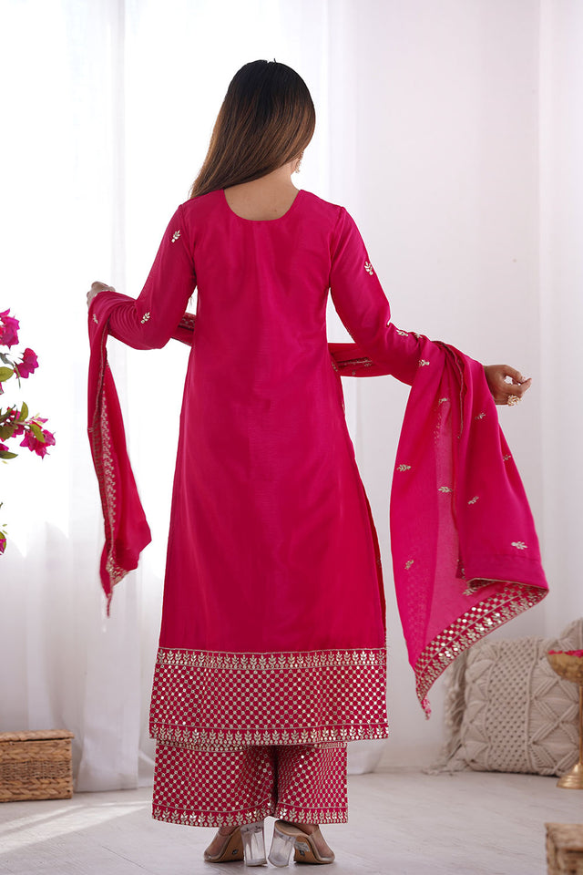 Pink  Sequin with Embroidered Chinon Straight Cut Suit Set