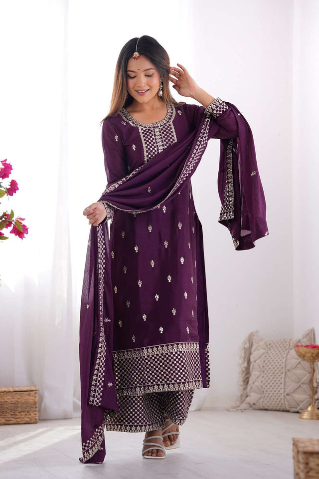 Wine Sequin Chinon Pakistani Suit Set