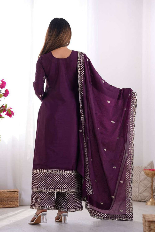 Wine Sequin Chinon Pakistani Suit Set
