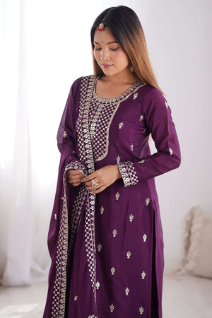 Wine Sequin Chinon Pakistani Suit Set