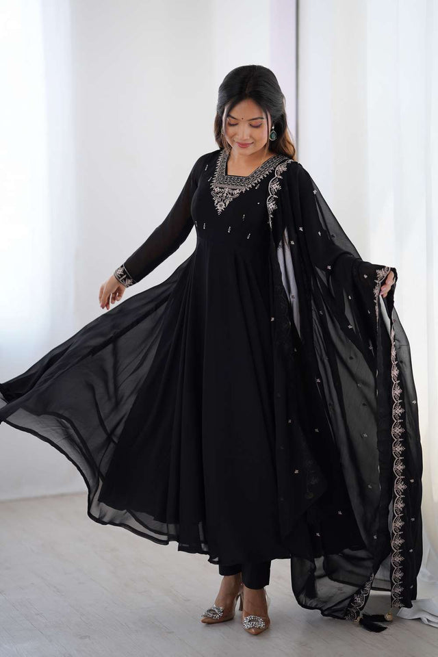 Black Embroidered Georgette Anarkali Suit Set