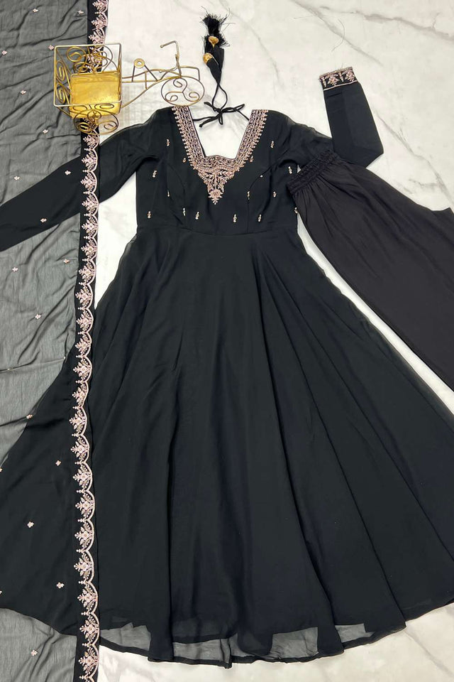 Black Embroidered Georgette Anarkali Suit Set