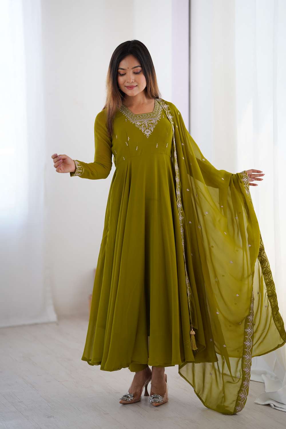 Dark Green Embroidered Georgette Anarkali Suit Set (283-Mehandi-AFKB) Dark Green Embroidered Georgette Anarkali Suit Set (283-Mehandi-AFKB)