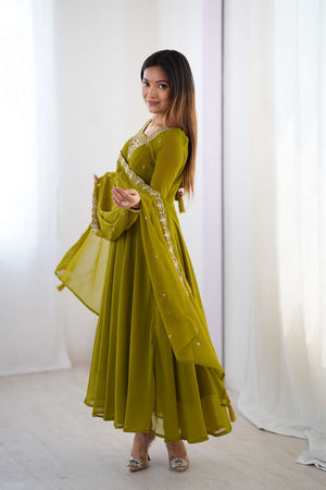 Dark Green Embroidered Georgette Anarkali Suit Set