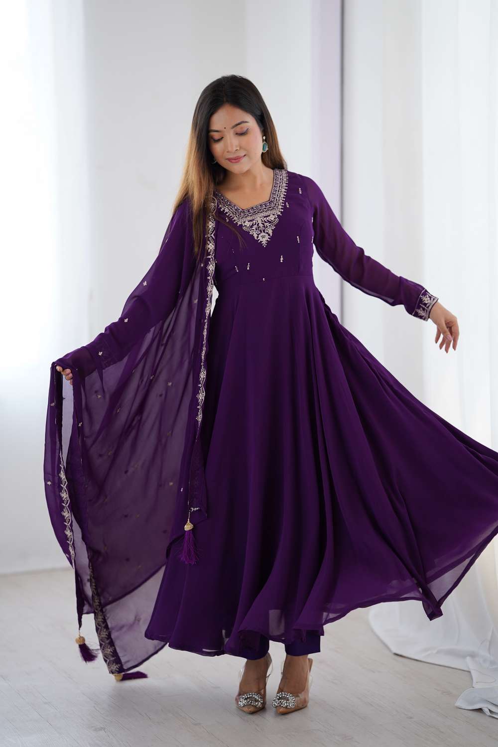 purple anarkali dress Women Purple Anarkali Suit Set Indian Ethnic Party Wear Embroidered Gown  Dupatta