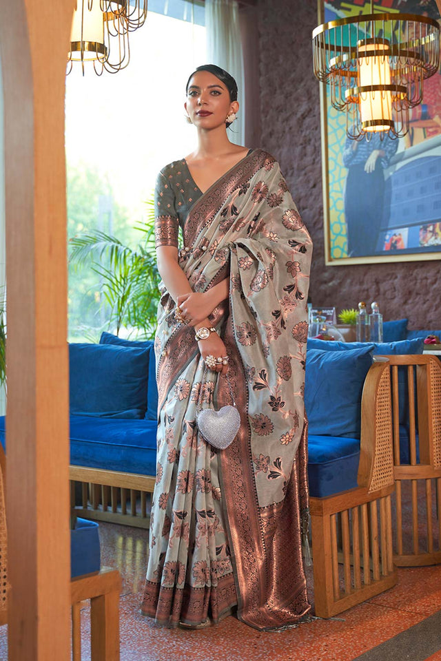 Kadvika Grey Organza Woven Saree
