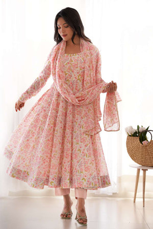 Pink Floral Printed Chiffon Anarkali Suit Set