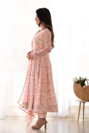 Pink Floral Printed Chiffon Anarkali Suit Set