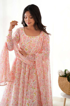 Pink Floral Printed Chiffon Anarkali Suit Set