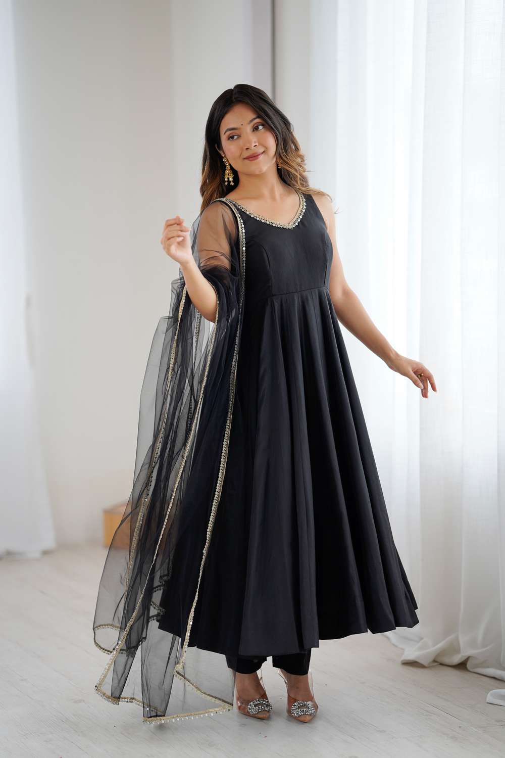 Black Solid Chanderi Anarkali Suit Set (285-Black-AFKB)