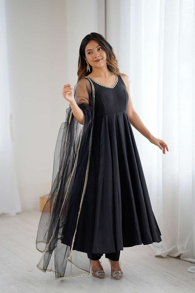 Black Solid Chanderi Anarkali Suit Set
