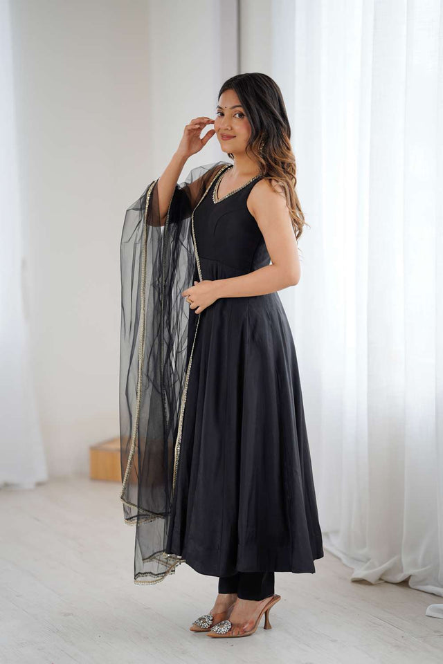 Black Solid Chanderi Anarkali Suit Set