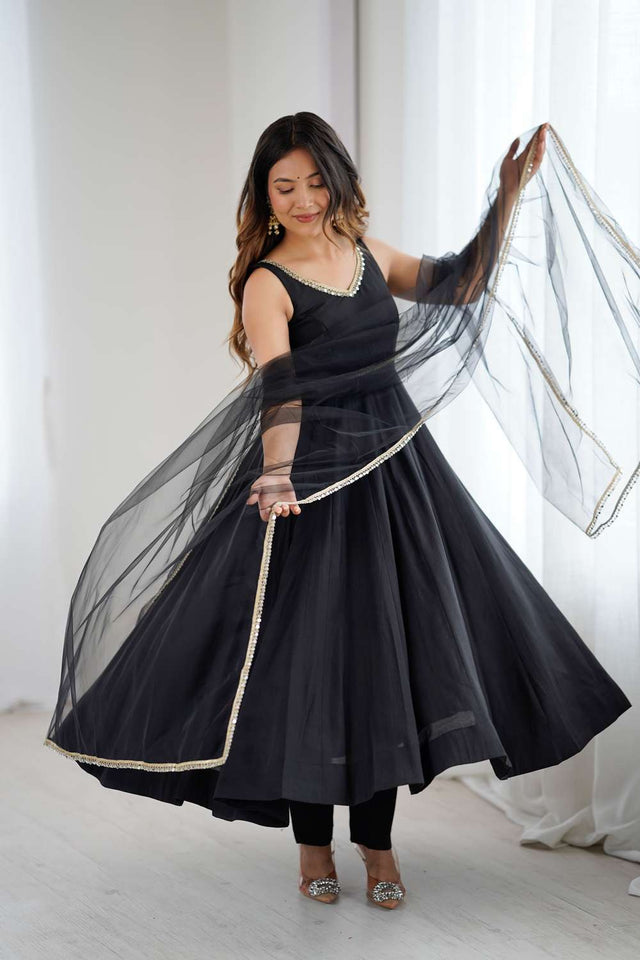 Black Solid Chanderi Anarkali Suit Set
