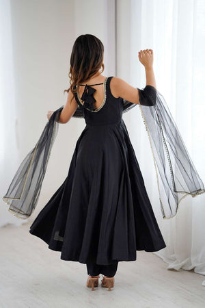 Black Solid Chanderi Anarkali Suit Set