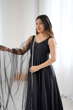Black Solid Chanderi Anarkali Suit Set
