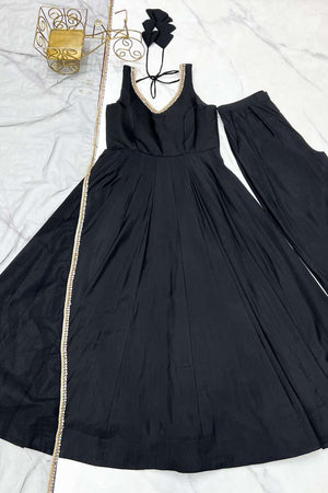 Black Solid Chanderi Anarkali Suit Set