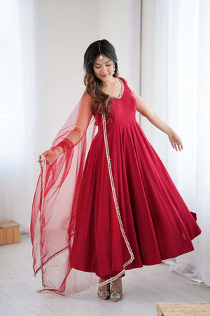 Maroon Solid Chanderi Anarkali Suit Set