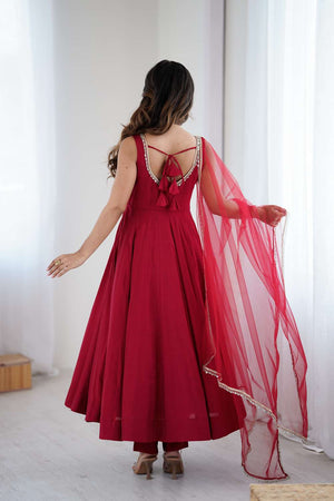 Maroon Solid Chanderi Anarkali Suit Set