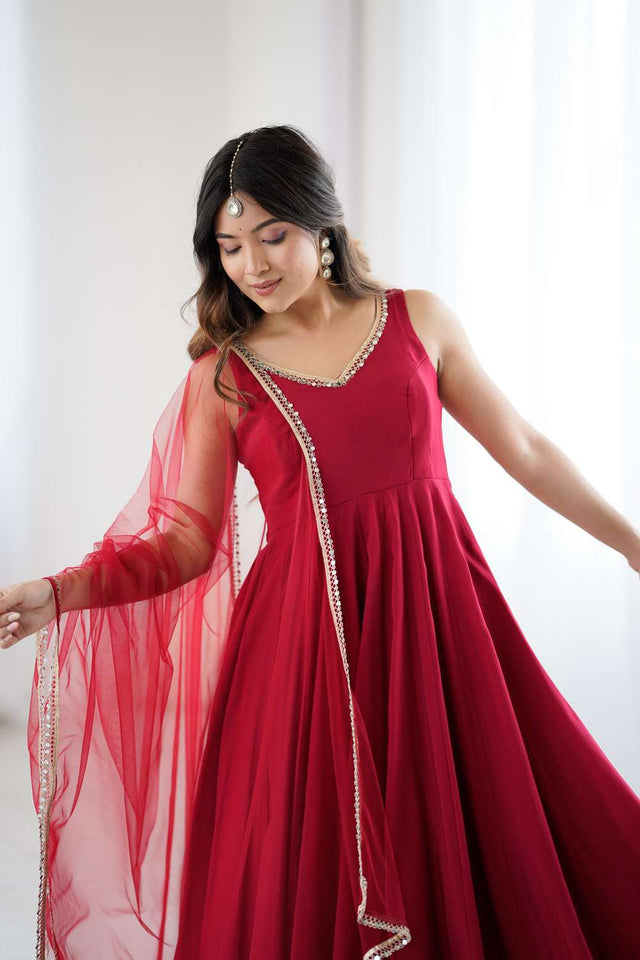 Maroon Solid Chanderi Anarkali Suit Set