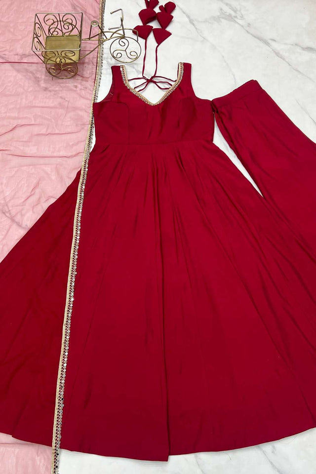 Maroon Solid Chanderi Anarkali Suit Set