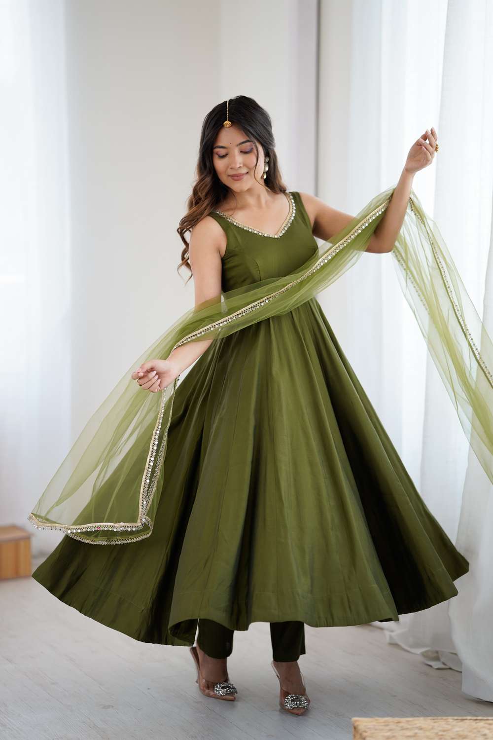 akaiswa Dark Green Solid Chanderi Anarkali Suit Set (285-Mehandi-AFKB)