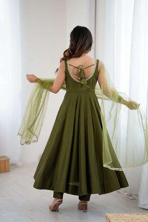 Dark Green Solid Chanderi Anarkali Suit Set