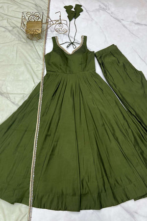 Dark Green Solid Chanderi Anarkali Suit Set