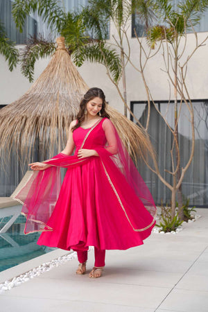 Pink Solid Chanderi Anarkali Suit Set