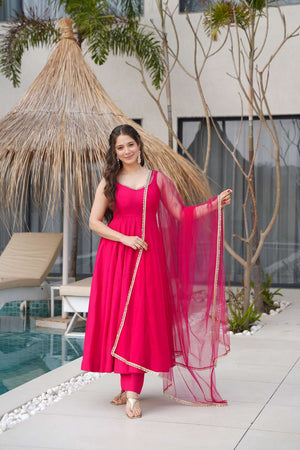 Pink Solid Chanderi Anarkali Suit Set