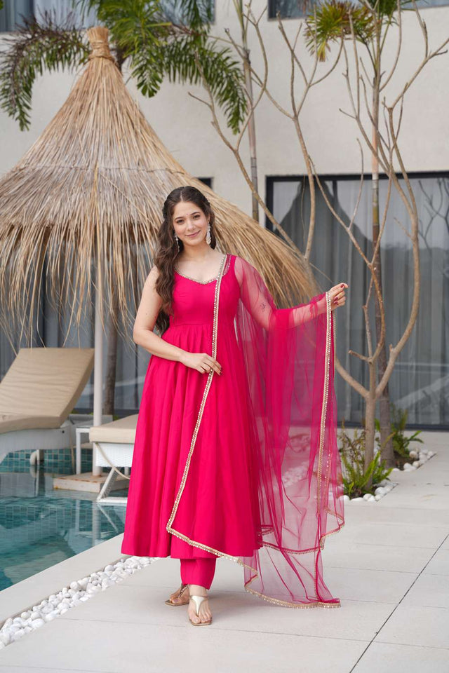 Pink Solid Chanderi Anarkali Suit Set
