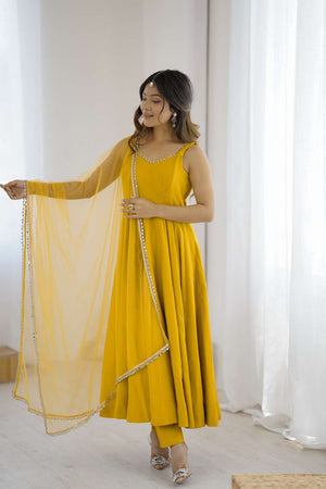 Yellow Solid Chanderi Anarkali Suit Set
