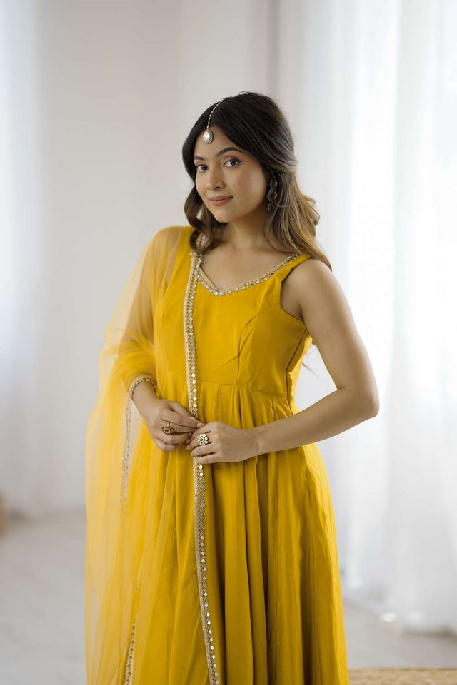 Yellow Solid Chanderi Anarkali Suit Set