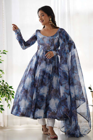 Navy Blue Abstract Printed Organza Anarkali Suit Set
