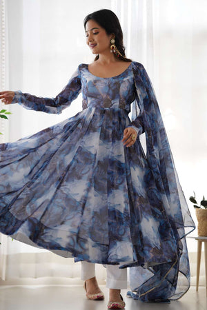 Navy Blue Abstract Printed Organza Anarkali Suit Set