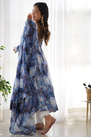 Navy Blue Abstract Printed Organza Anarkali Suit Set