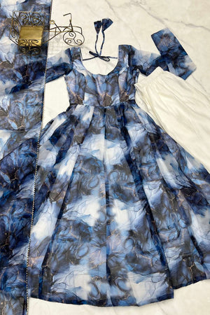 Navy Blue Abstract Printed Organza Anarkali Suit Set