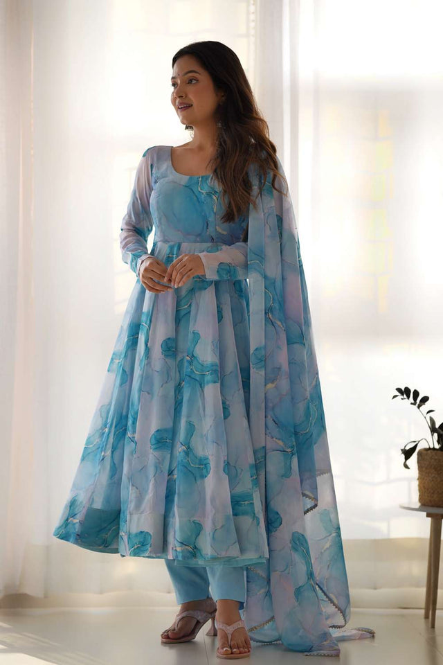 Blue Abstract Printed Organza Anarkali Suit Set