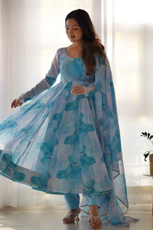 Blue Abstract Printed Organza Anarkali Suit Set