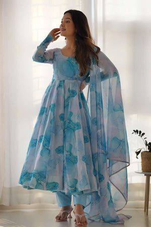 Blue Abstract Printed Organza Anarkali Suit Set