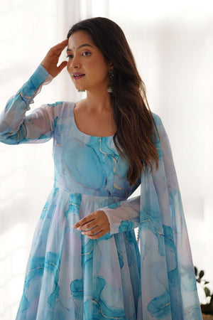 Blue Abstract Printed Organza Anarkali Suit Set