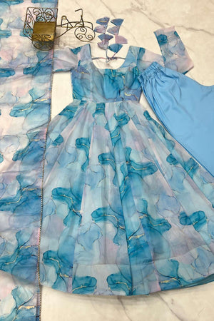 Blue Abstract Printed Organza Anarkali Suit Set