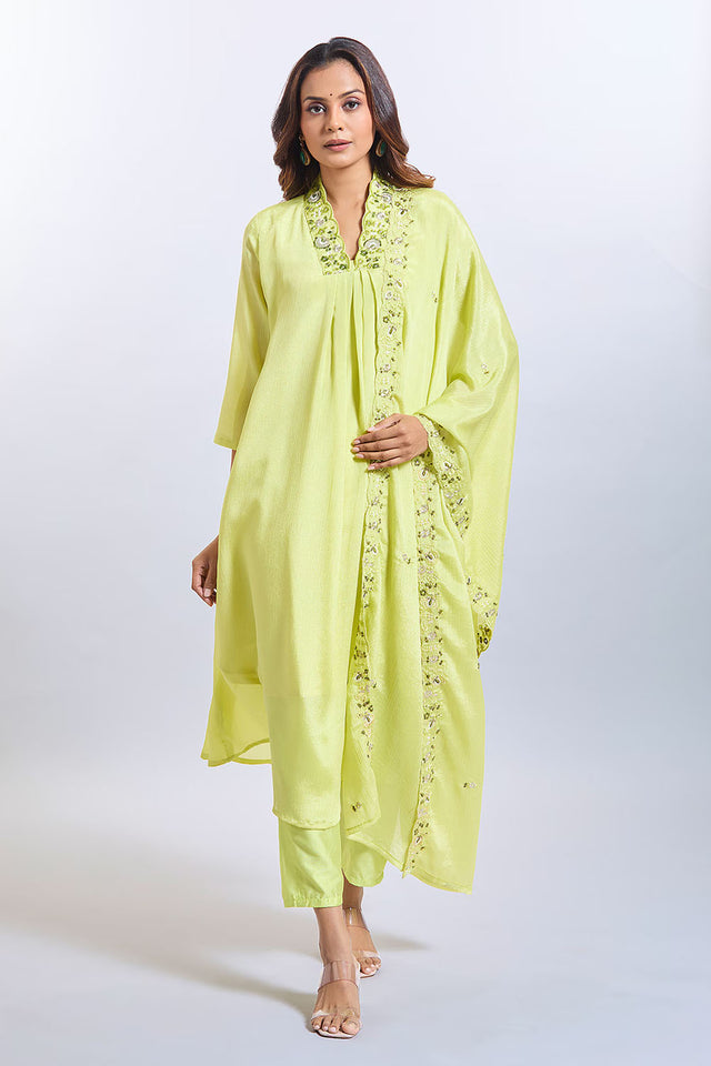 Yellow Soild Silk Kurti Pant Set