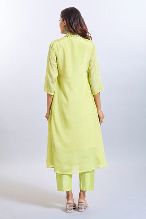 Yellow Soild Silk Kurti Pant Set
