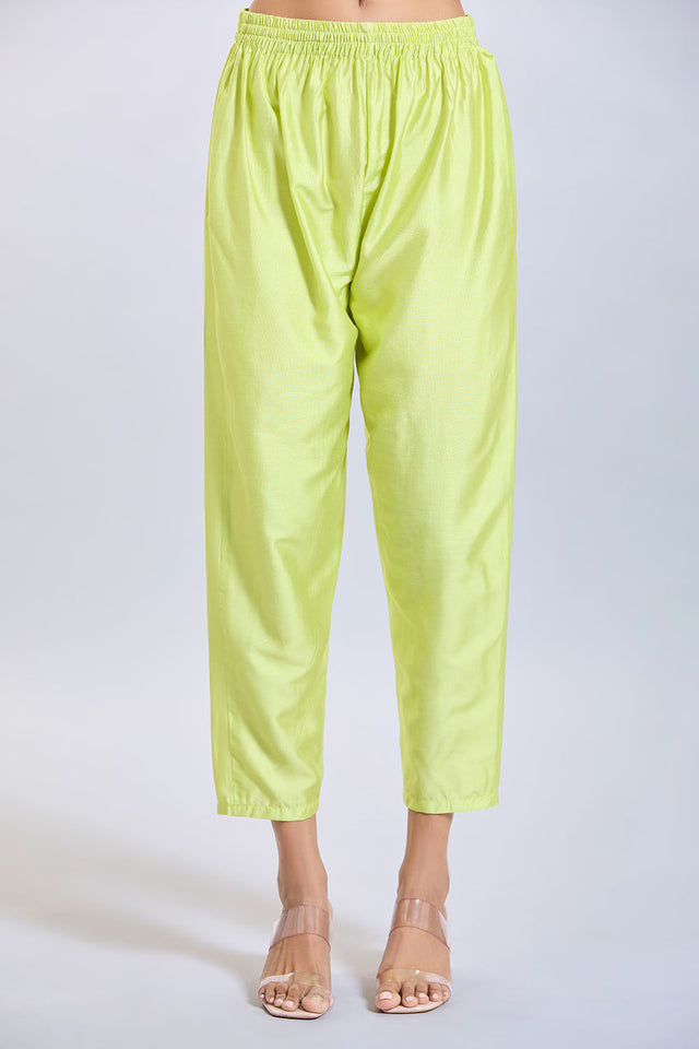 Yellow Soild Silk Kurti Pant Set