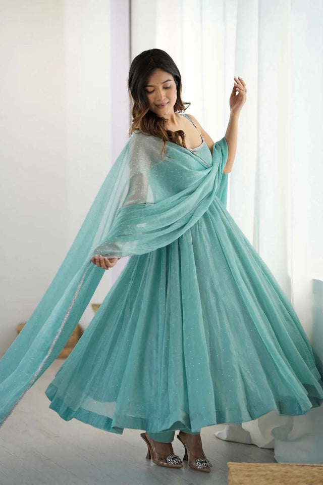 Magenta Sequin Tissue Anarkali Suit Set