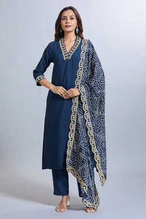 Blue  Solid Silk Kurti Pant Set