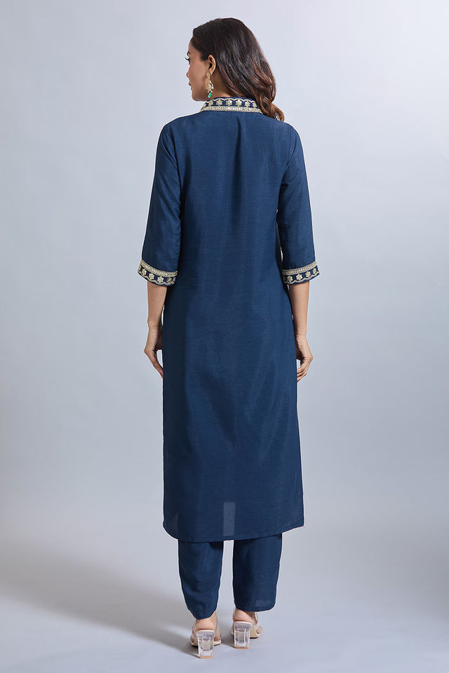 Blue  Solid Silk Kurti Pant Set