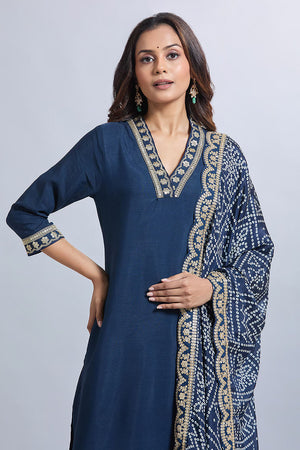 Blue  Solid Silk Kurti Pant Set