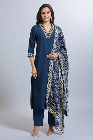 Blue  Solid Silk Kurti Pant Set